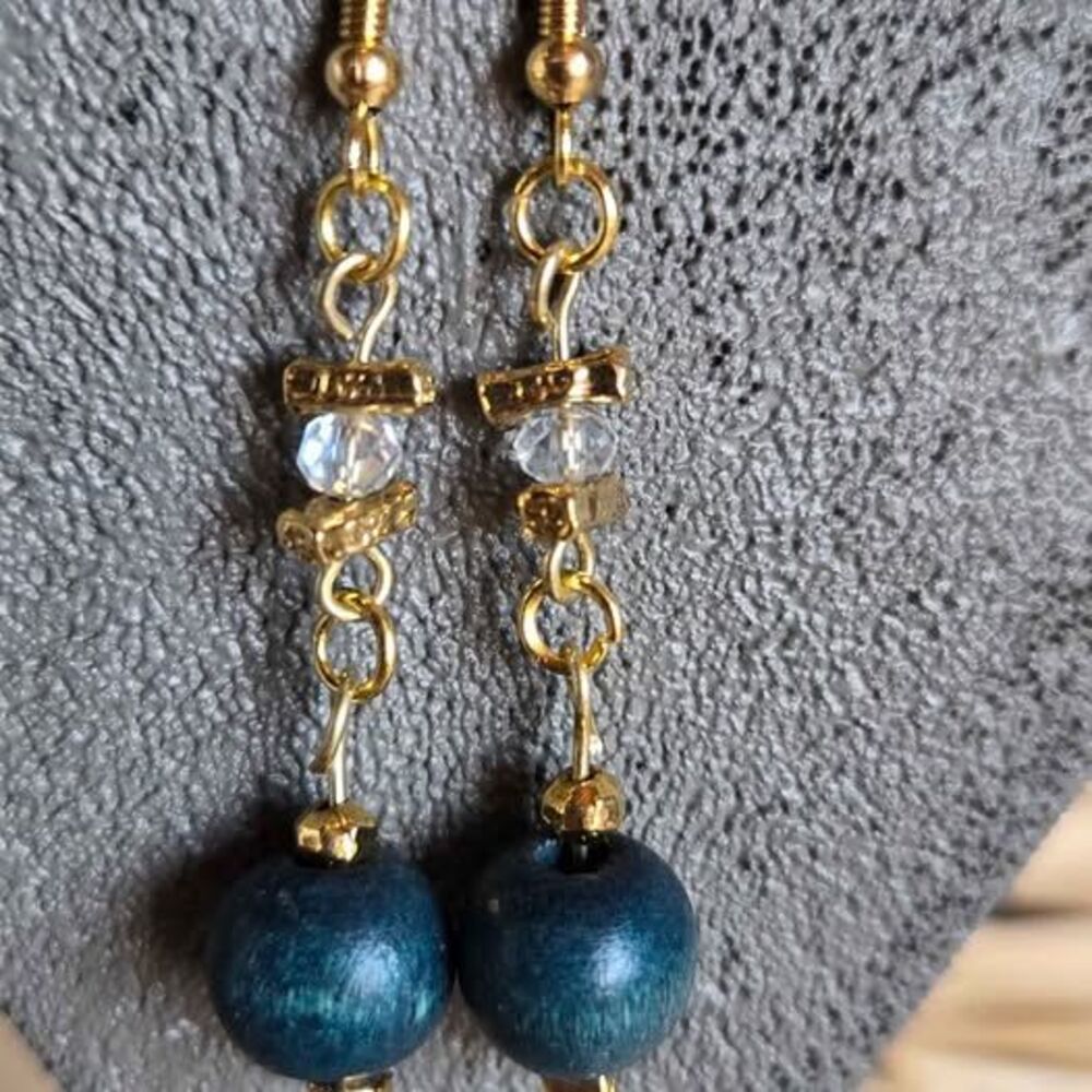 Handmade Blue Wood & Crystal Beaded Dangle Earrings